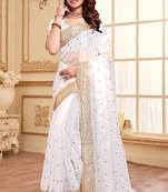 Sequence Embroidered Border Art Silk Saree In White With Matching Blouse Piece