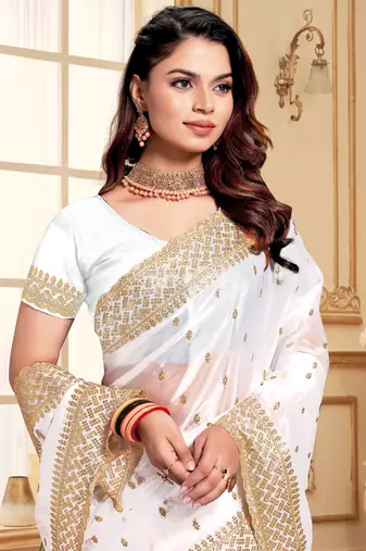 Sequence Embroidered Border Art Silk Saree In White With Matching Blouse Piece