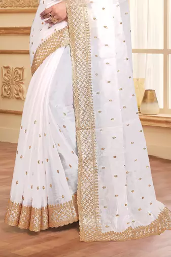 Sequence Embroidered Border Art Silk Saree In White With Matching Blouse Piece