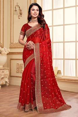 Sequence Embroidered Border Art Silk Saree In Red With Matching Blouse Piece 1