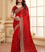 Sequence Embroidered Border Art Silk Saree In Red With Matching Blouse Piece