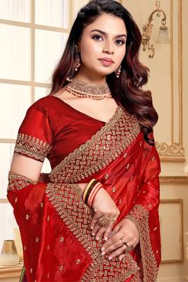 Sequence Embroidered Border Art Silk Saree In Red With Matching Blouse Piece 2