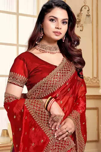 Sequence Embroidered Border Art Silk Saree In Red With Matching Blouse Piece