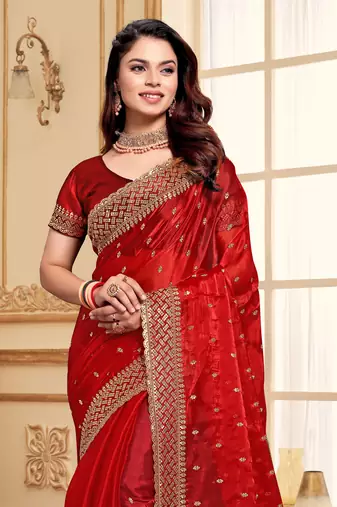 Sequence Embroidered Border Art Silk Saree In Red With Matching Blouse Piece