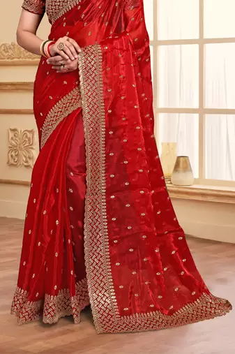 Sequence Embroidered Border Art Silk Saree In Red With Matching Blouse Piece