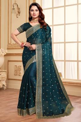 Sequence Embroidered Border Art Silk Saree In Teal Blue With Matching Blouse Piece 1