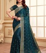 Sequence Embroidered Border Art Silk Saree In Teal Blue With Matching Blouse Piece