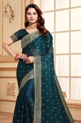 Sequence Embroidered Border Art Silk Saree In Teal Blue With Matching Blouse Piece