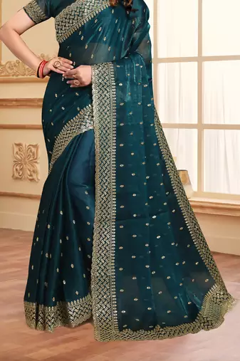 Sequence Embroidered Border Art Silk Saree In Teal Blue With Matching Blouse Piece