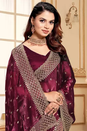 Sequence Embroidered Border Art Silk Saree In Purple With Matching Blouse Piece