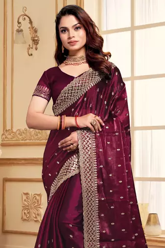 Sequence Embroidered Border Art Silk Saree In Purple With Matching Blouse Piece