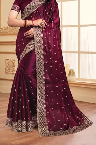 Sequence Embroidered Border Art Silk Saree In Purple With Matching Blouse Piece