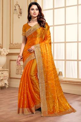 Sequence Embroidered Border Art Silk Saree In Mustard With Matching Blouse Piece 1
