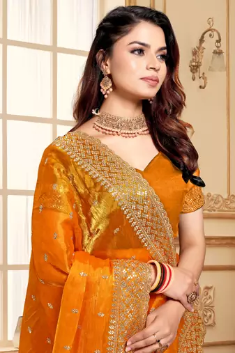 Sequence Embroidered Border Art Silk Saree In Mustard With Matching Blouse Piece
