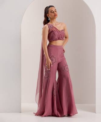 Purple organza embellished crystal one yuki draped blouse with flared pant 1