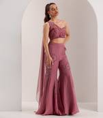 Purple organza embellished crystal one yuki draped blouse with flared pant