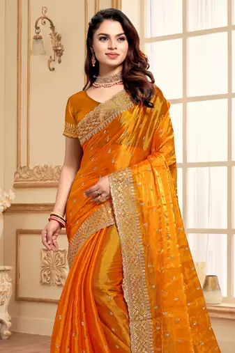 Sequence Embroidered Border Art Silk Saree In Mustard With Matching Blouse Piece
