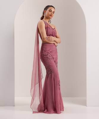 Purple organza embellished crystal one yuki draped blouse with flared pant 2