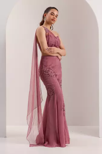 Purple organza embellished crystal one yuki draped blouse with flared pant