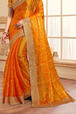 Sequence Embroidered Border Art Silk Saree In Mustard With Matching Blouse Piece 4