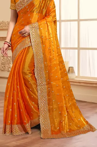Sequence Embroidered Border Art Silk Saree In Mustard With Matching Blouse Piece