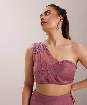 Purple organza embellished crystal one yuki draped blouse with flared pant 3