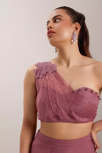 Purple organza embellished crystal one yuki draped blouse with flared pant