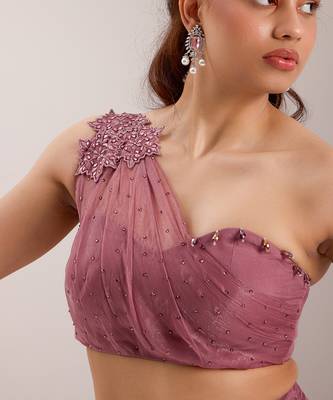 Purple organza embellished crystal one yuki draped blouse with flared pant 4