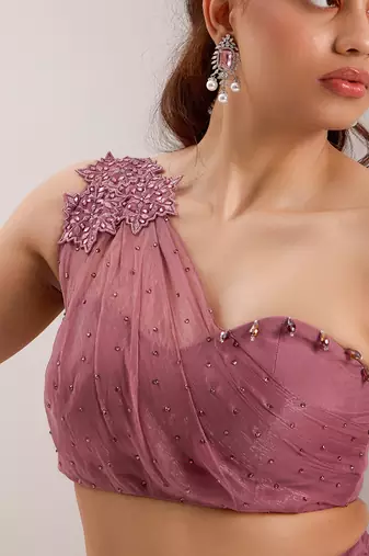 Purple organza embellished crystal one yuki draped blouse with flared pant