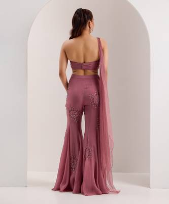 Purple organza embellished crystal one yuki draped blouse with flared pant 5