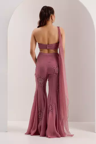 Purple organza embellished crystal one yuki draped blouse with flared pant