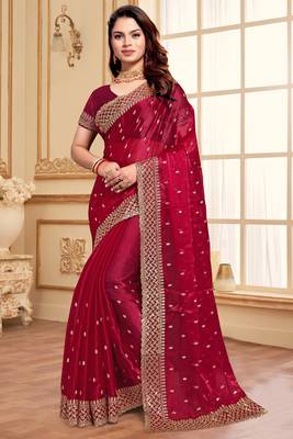 Sequence Embroidered Border Art Silk Saree In Magenta With Matching Blouse Piece 1