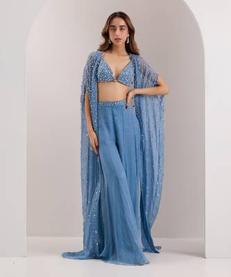 Blue organza embellished crystal cape open ivelle palazzo set 1