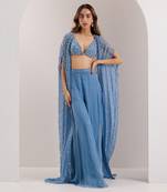 Blue organza embellished crystal cape open ivelle palazzo set