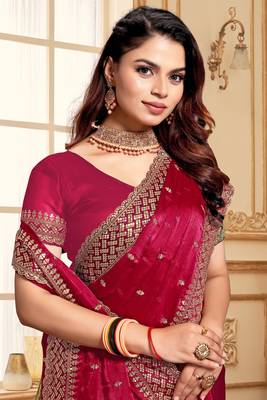 Sequence Embroidered Border Art Silk Saree In Magenta With Matching Blouse Piece 2