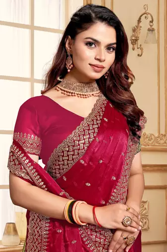 Sequence Embroidered Border Art Silk Saree In Magenta With Matching Blouse Piece