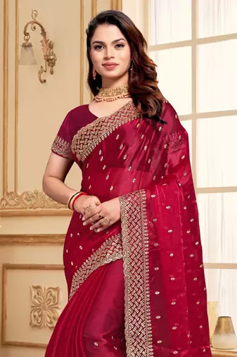 Sequence Embroidered Border Art Silk Saree In Magenta With Matching Blouse Piece