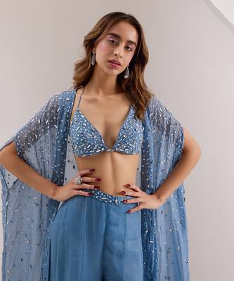 Blue organza embellished crystal cape open ivelle palazzo set 2