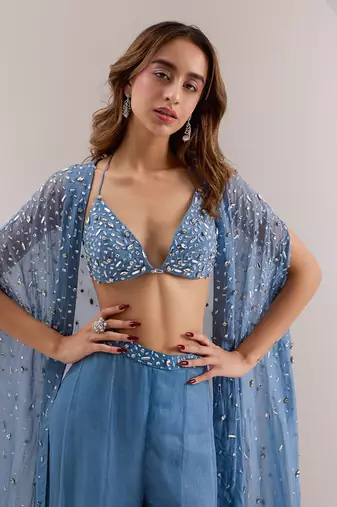 Blue organza embellished crystal cape open ivelle palazzo set