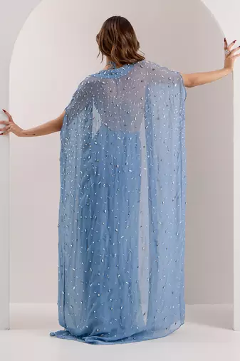 Blue organza embellished crystal cape open ivelle palazzo set