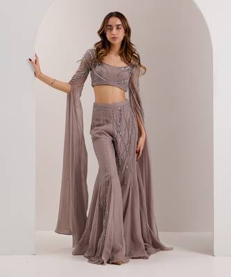 Grey organza embroidered crystal boat neve embellished blouse with flared pant 1