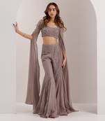 Grey organza embroidered crystal boat neve embellished blouse with flared pant