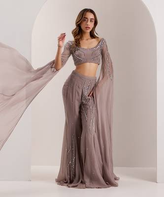 Grey organza embroidered crystal boat neve embellished blouse with flared pant 2