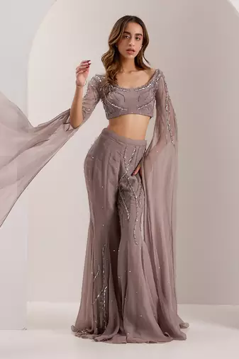 Grey organza embroidered crystal boat neve embellished blouse with flared pant