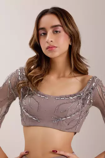 Grey organza embroidered crystal boat neve embellished blouse with flared pant