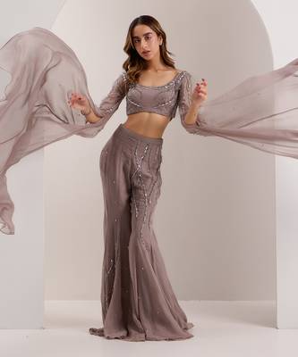 Grey organza embroidered crystal boat neve embellished blouse with flared pant 4