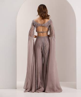 Grey organza embroidered crystal boat neve embellished blouse with flared pant 5