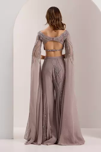Grey organza embroidered crystal boat neve embellished blouse with flared pant