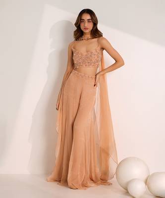 Rose gold shimmer chiffon embellished crystal rumi waist palazzo blouse set 1