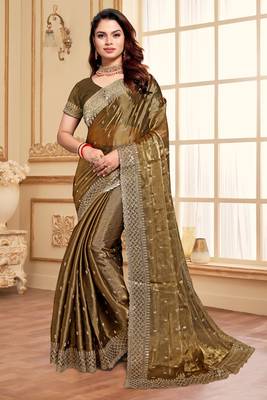 Sequence Embroidered Border Art Silk Saree In Brown With Matching Blouse Piece 1